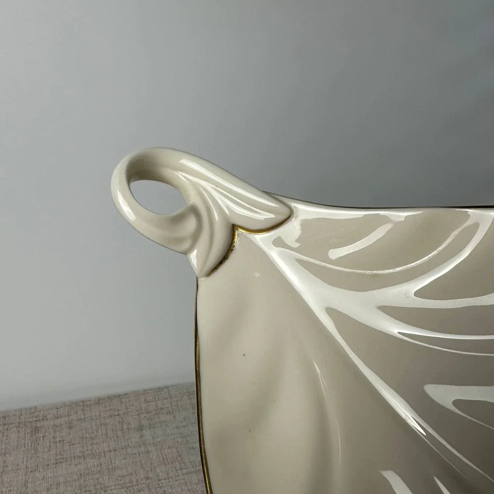Vintage Lenox Ivory Porcelain Leaf Serving Tray Gold Trim Made in USA